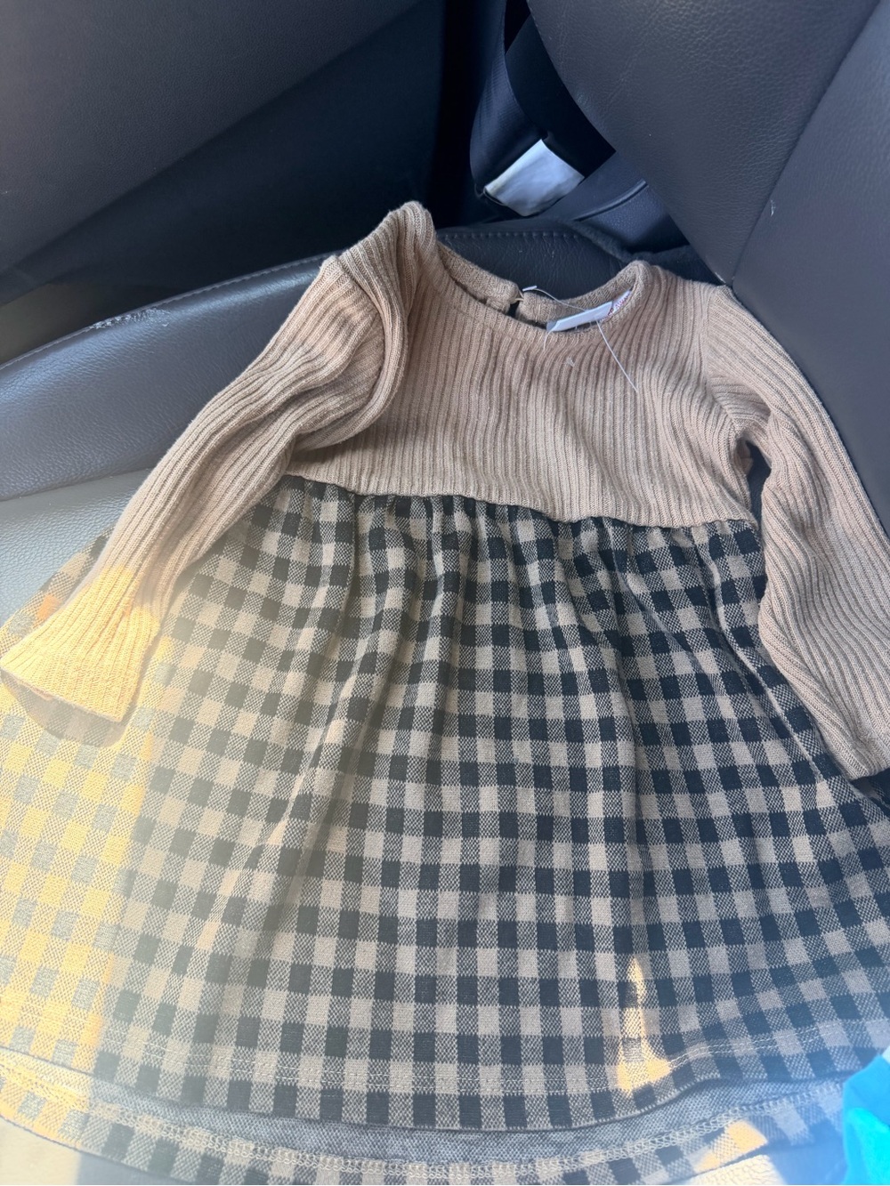 Zara Beige Knit Top with Black & Tan Gingham Skirt Dress